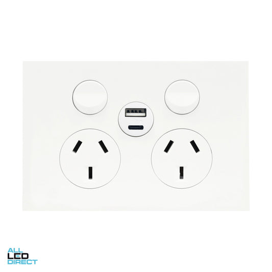 Hager 10 Amp FINESSE Double Internal Powerpoint With USB A+C Charger Gloss White ALL LED Direct