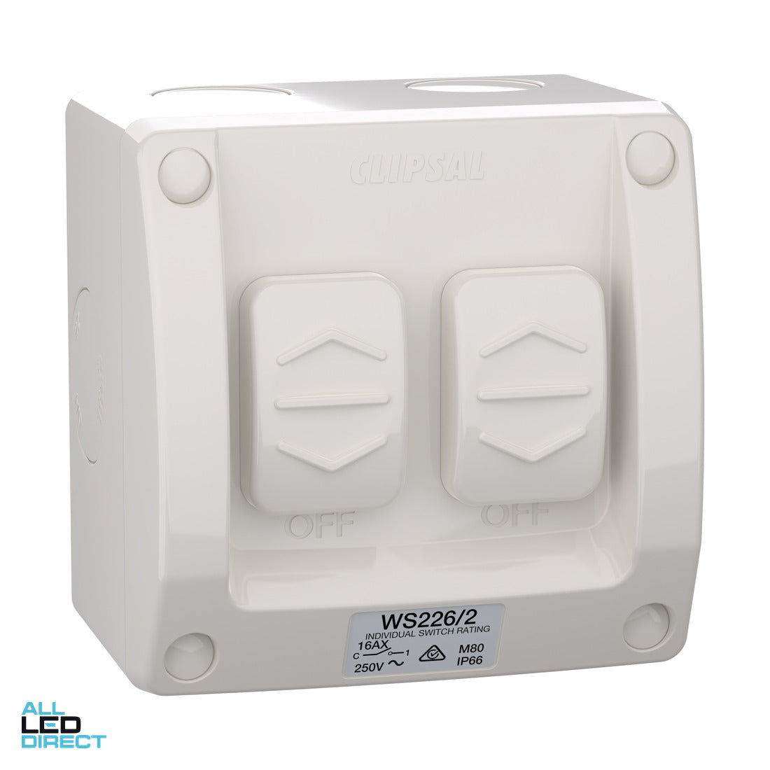 Clipsal 16 Amp 2 Gang WEATHERSHIELD 2 Way Weatherproof Switch Resistant Grey ALL LED Direct