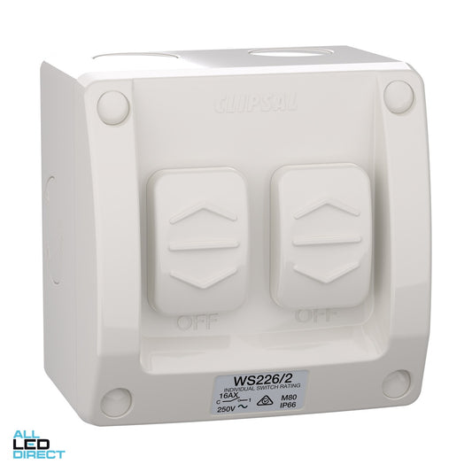 Clipsal 16 Amp 2 Gang WEATHERSHIELD 2 Way Weatherproof Switch Resistant Grey ALL LED Direct