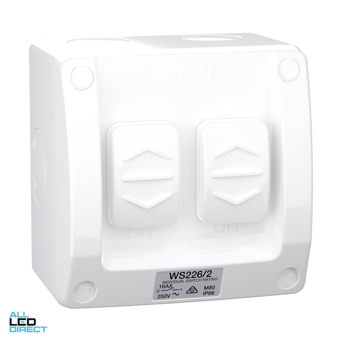 Clipsal 16 Amp 2 Gang WEATHERSHIELD Weatherproof Switch Resistant White ALL LED Direct