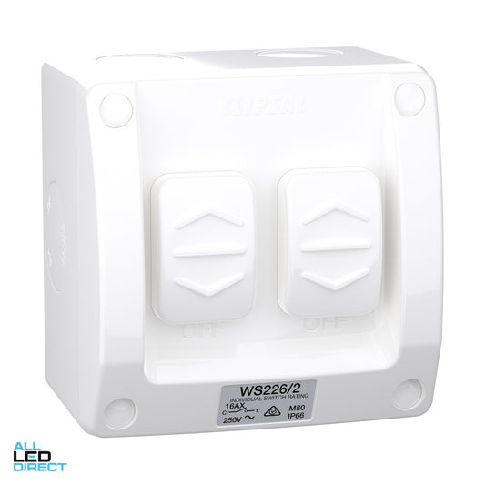 Clipsal 16 Amp 2 Gang WEATHERSHIELD Weatherproof Switch Resistant White ALL LED Direct