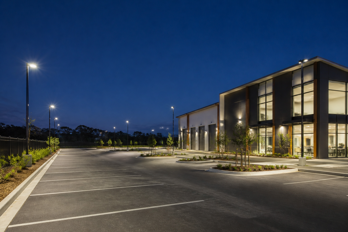 Australian commercial carpark with LED area lighting poles at night — ALL LED Direct